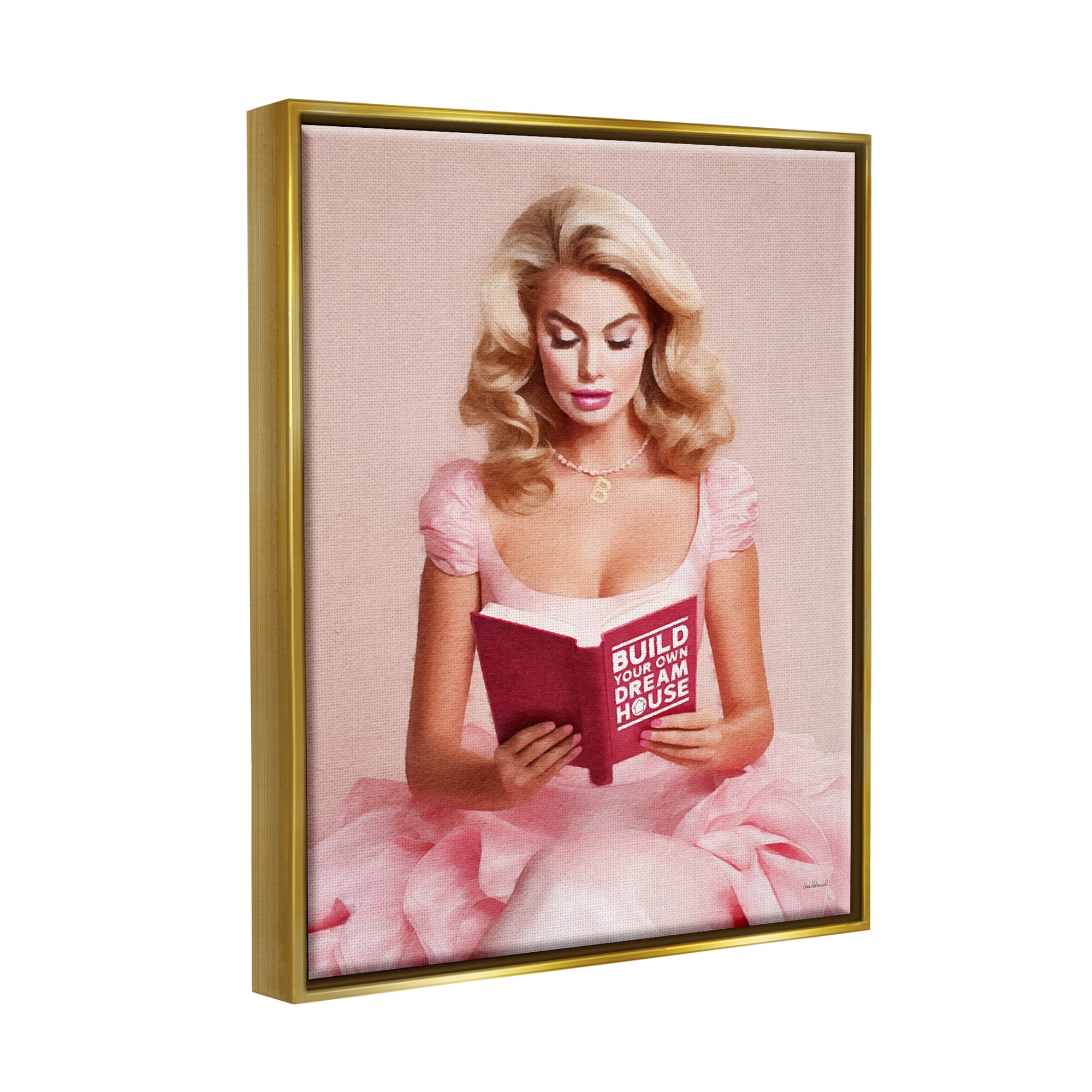 Stupell Industries Girl in Pink Reading Literature & Flim Painting Gold Floater Framed Canvas Art Print Wall Art, 25 x 31