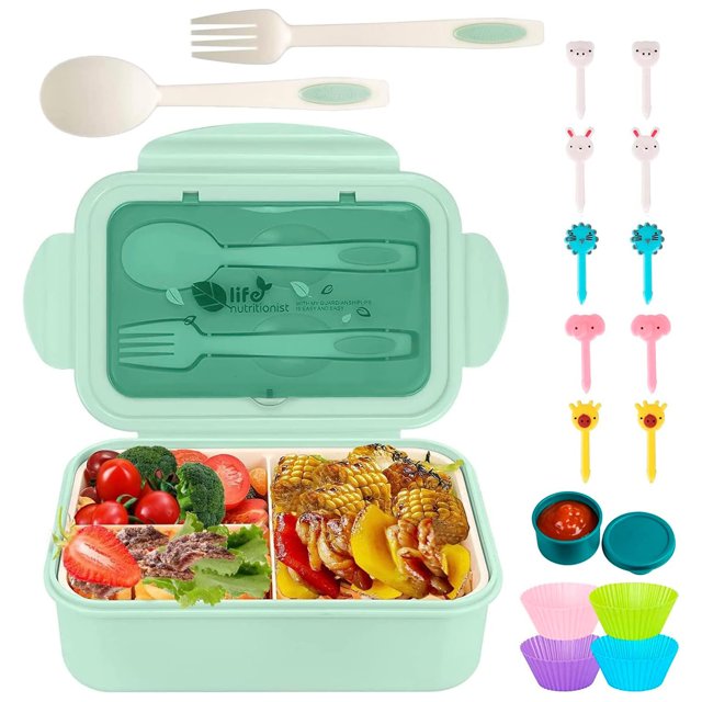 Bento Box, Fiambrera Lonchera, Caja de Almuerzo, con Púas de Alimentos, Tazas para Tartas (Verde)
