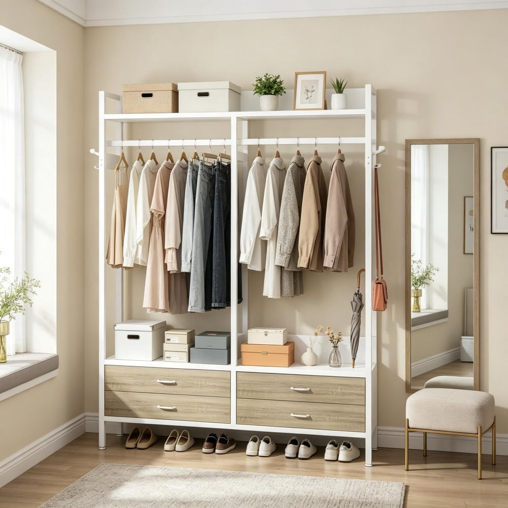 Freestanding Open Wardrobe with 47" Clothing Rod, 4 Drawers & 8 Hooks, Industrial Metal Frame Closet Organizer with Anti-Tip Straps for Bedroom