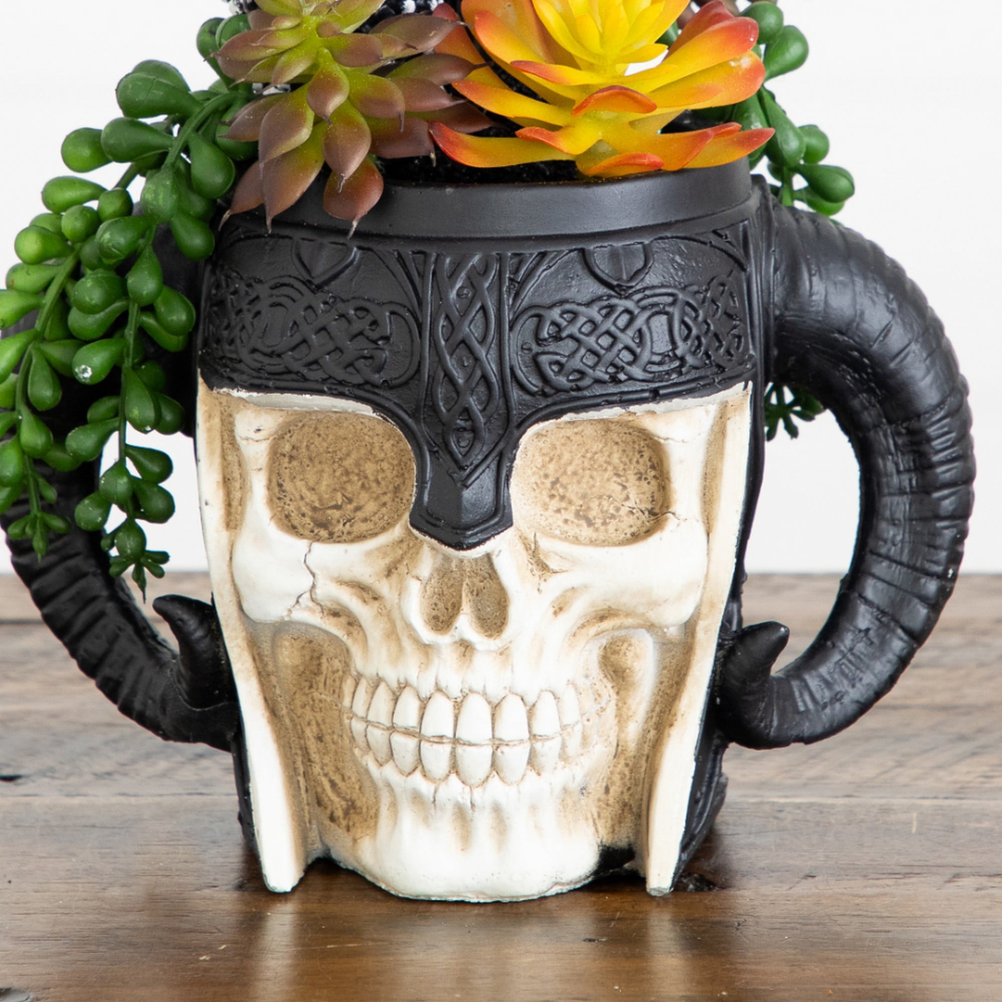 9in. Artificial Halloween Mixed Succulent Garden in Warrior Skull Planter
