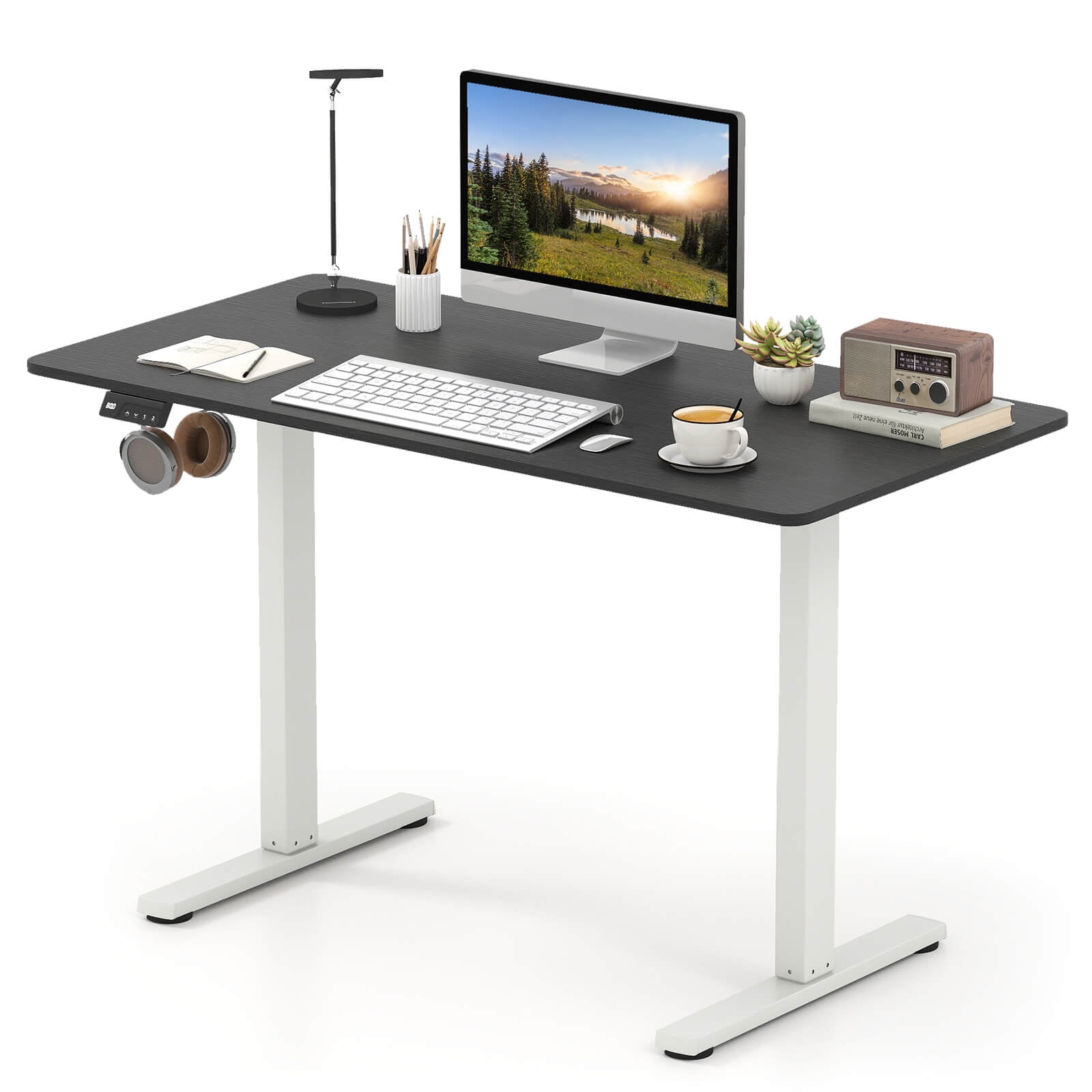 Costway 48” x 24” Electric Standing Desk with LED Display 2 Memory Height Settings for Home Black+White
