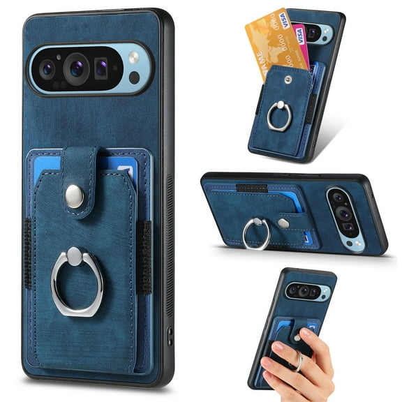 Allytechgroup Wallet Case for Google Pixel 8 with Card Holder, 360°Rotation Ring Stand, Support Car Mount, PU Leather Full Body Shockproof Slim Anti-Drop Women Men Protective Cover, Blue