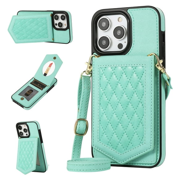 Allytech Crossbody Wallet Case for iPhone 13 Pro Max with RFID Blocking Card Slot Holder, Magnetic Closure Stand Purse Detachable Shoulder Strap Case for iPhone 13 Pro Max 6.7" 5G 2021, Green