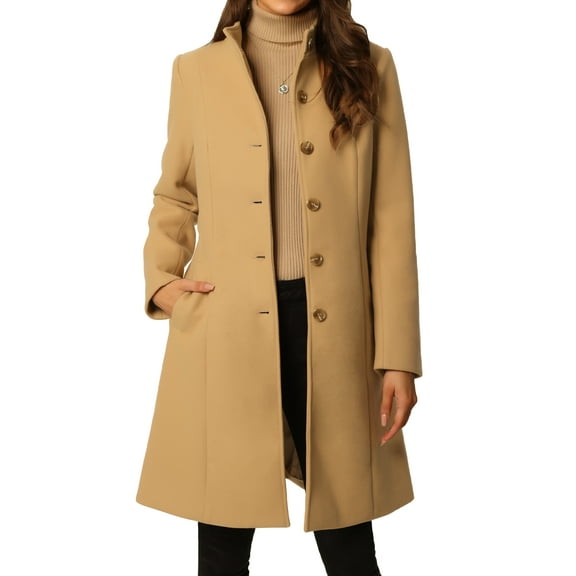 Elegant Women's Midi Peacoat with Pockets and Belt for Winter Fashion M Khaki