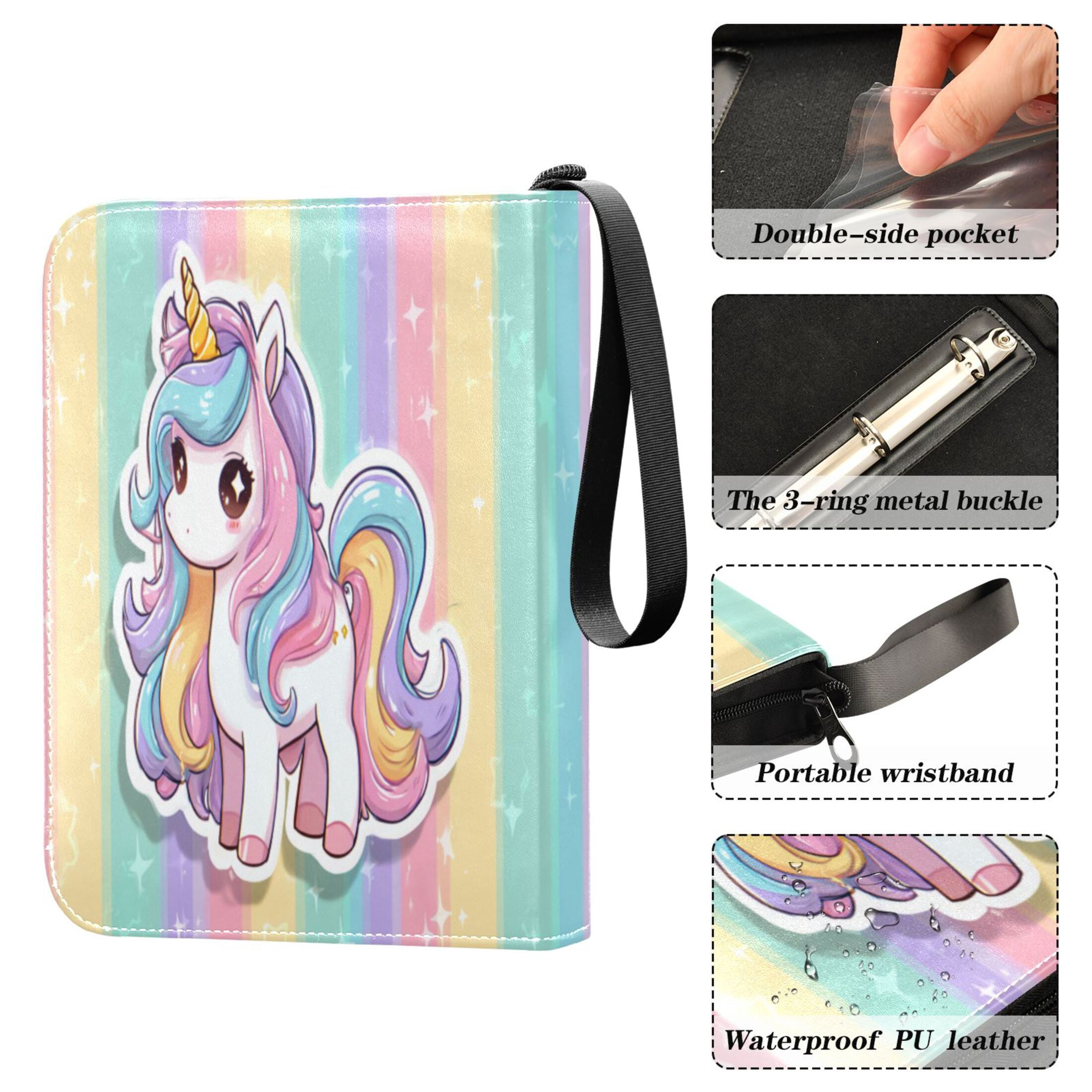 4 Pocket Trading Card Binder, 50 Pages Sleeves Holds 400 Cards, Card Collection Album Holder for Game Cards, Sports Cards, TCG Storage Cute Cartoon Unicorn