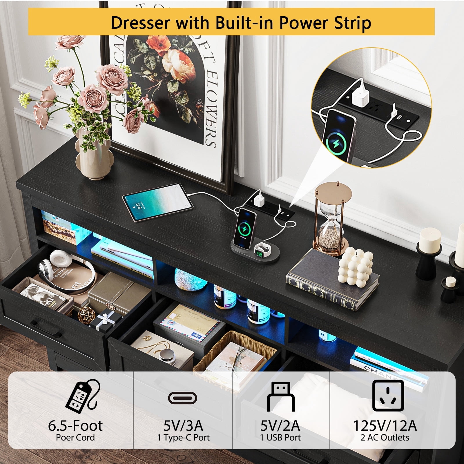 ANPOO Farmhouse 9 Drawers Dresser with LED Lights & Power Outlet, 63" Wide Large Chest of Drawers with Storage Organizer/60000 Colors Light, Modern Wood Dresser for Bedroom, Living Room, Hallway