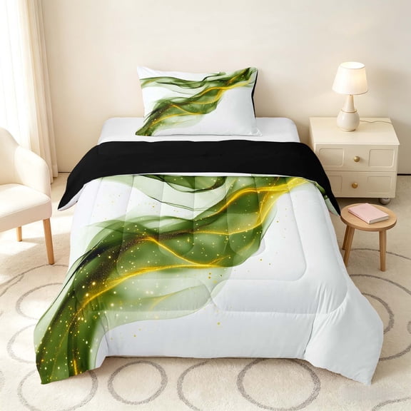 Manfei Aesthetic Abstract Artwork Twin Comforter Sets, Watercolor Painting Bedding Set, Olive White, Black Reversible 2 Pieces, 1 Comforter and 1 Pillowcase