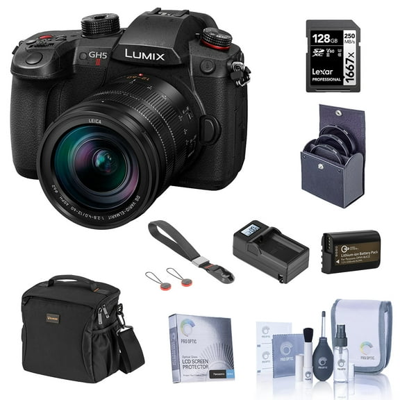 LUMIX GH5II Mirrorless Camera with Leica 12-60mm f/2.8-4.0 Lens Bundle with 128GB SD Card, Bag, Extra Battery, Charger, Wrist Strap, Filter Kit and Accessories