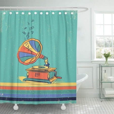 CYNLON Vector Illustration of Gramophone Music Player Retro Record Background Bathroom Decor Bath Shower Curtain 66x72 (Best Music Player For Windows 7)
