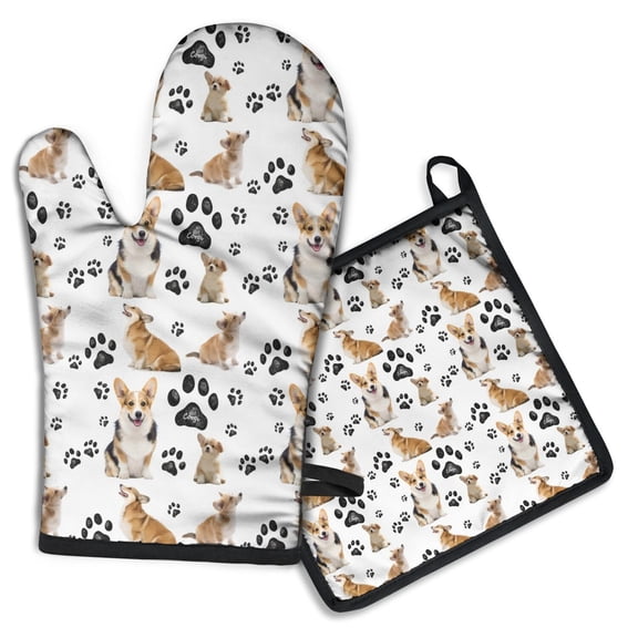 Corgi Dog and Footprints Kitchen Oven Mitt and Pot Holder Sets 2 Pcs for Baking, Cooking and Grilling, Heat Resistant Up To 392 °F