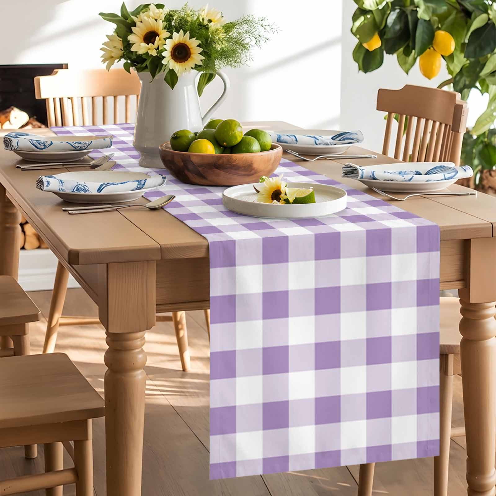 Farmhouse Buffalo Tartan Plaid Table Runner 90 Inches Long, Purple and White Table Runners Tabletop Scarf Kitchen Dining Tables Decoration for Home Party Indoor Outdoor