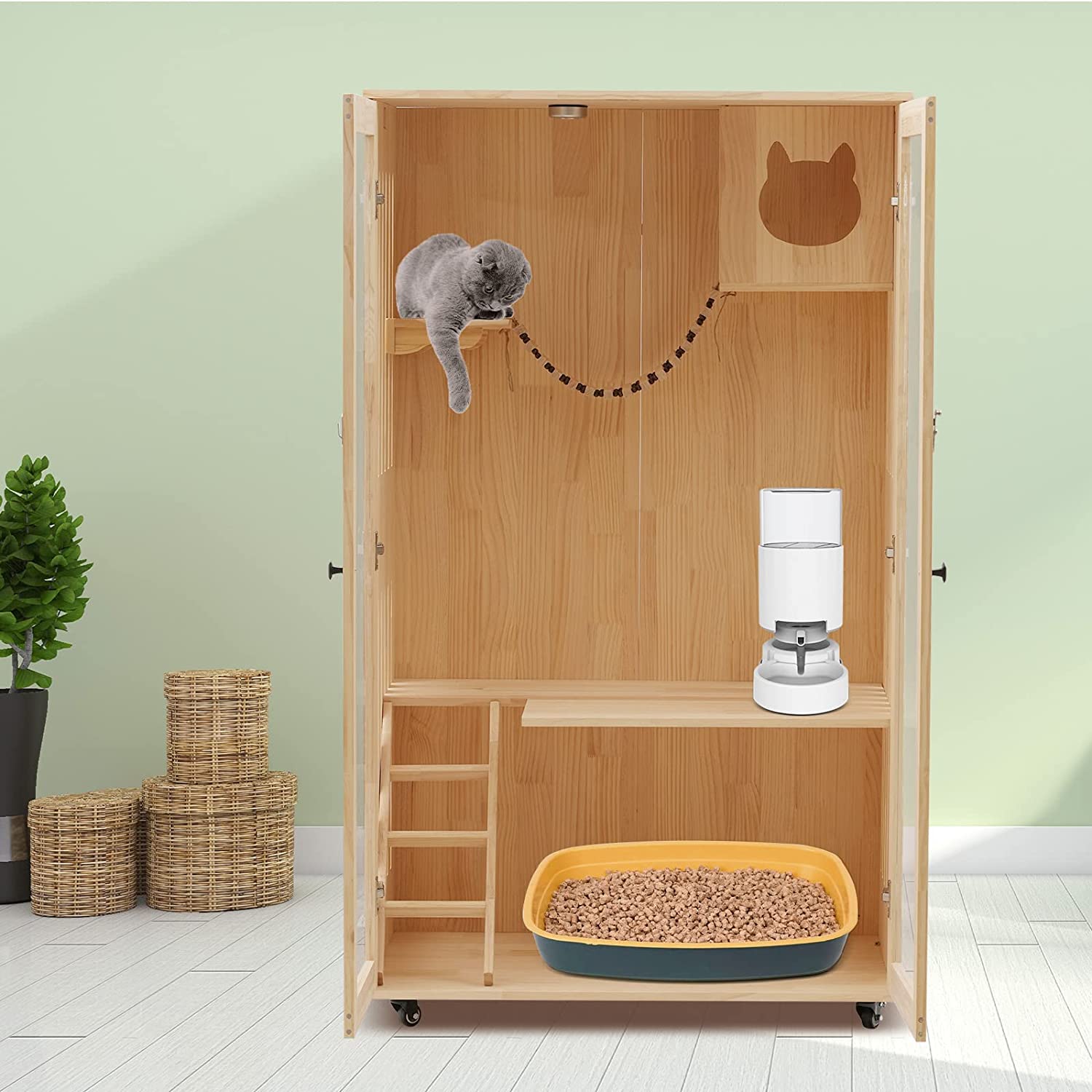 FETCOI MultiFeature Wood Large Wooden Cat House Pine Wood Cat Condo