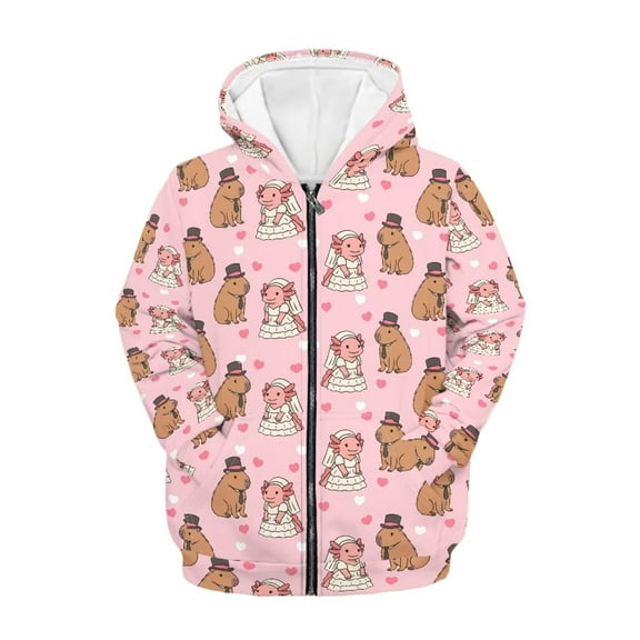 Chaqlin Couple Capybara Love Heart Zip Up Hoodie with Pockets Long Sleeve Lightweight Comfy Casual Outerwear for Girls Teens Size 6-9