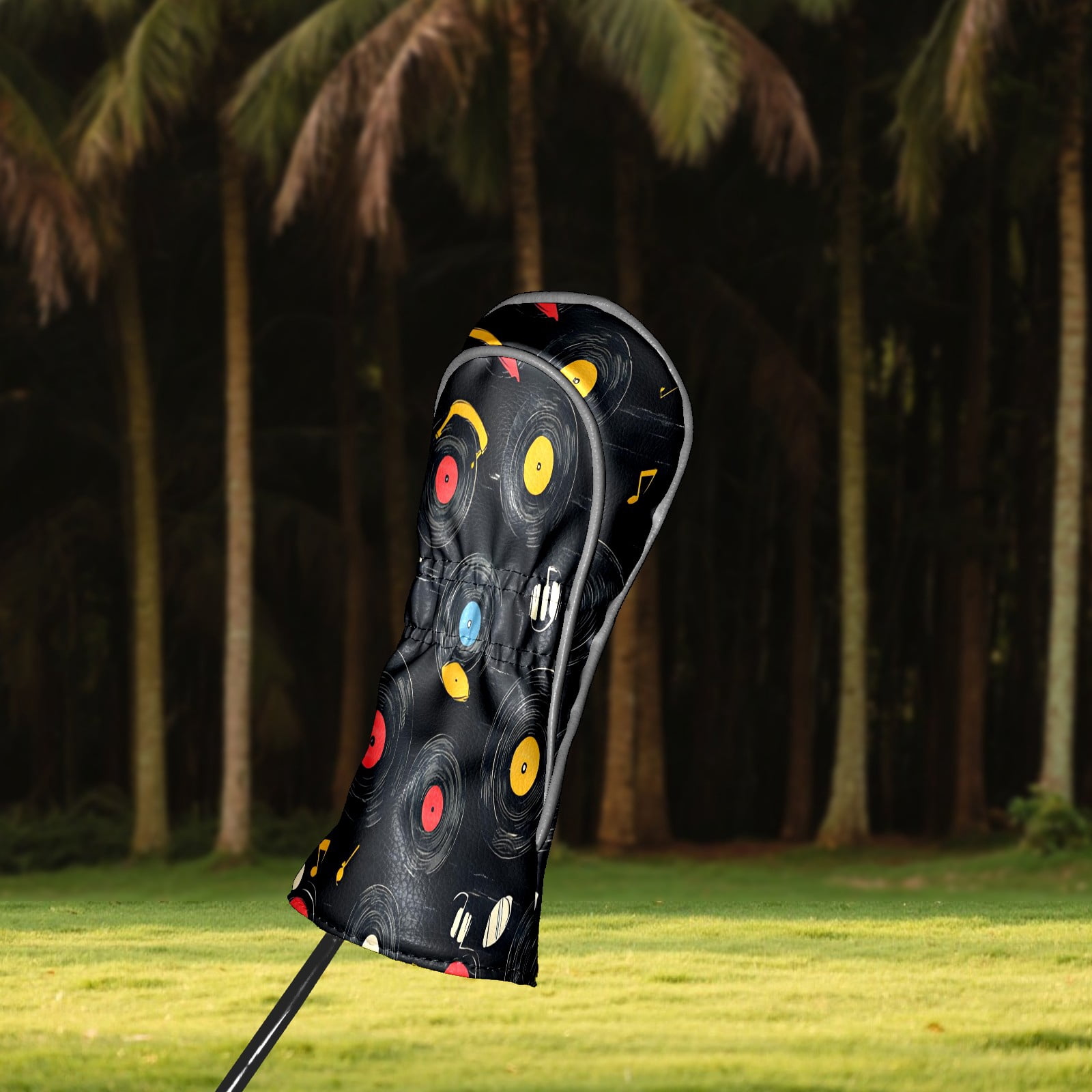 Golf Club Covers, Black MusicRecord Premium PU Leather Driver Hybrid Putter Head Covers with Velvet Lining, Waterproof Golf Gifts for Men Women
