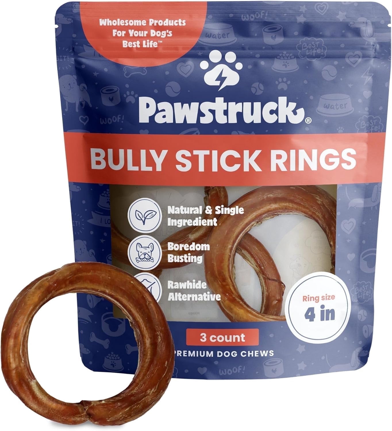Pawstruck All-Natural Bully Stick Rings for Dogs, 3 Count photo 1