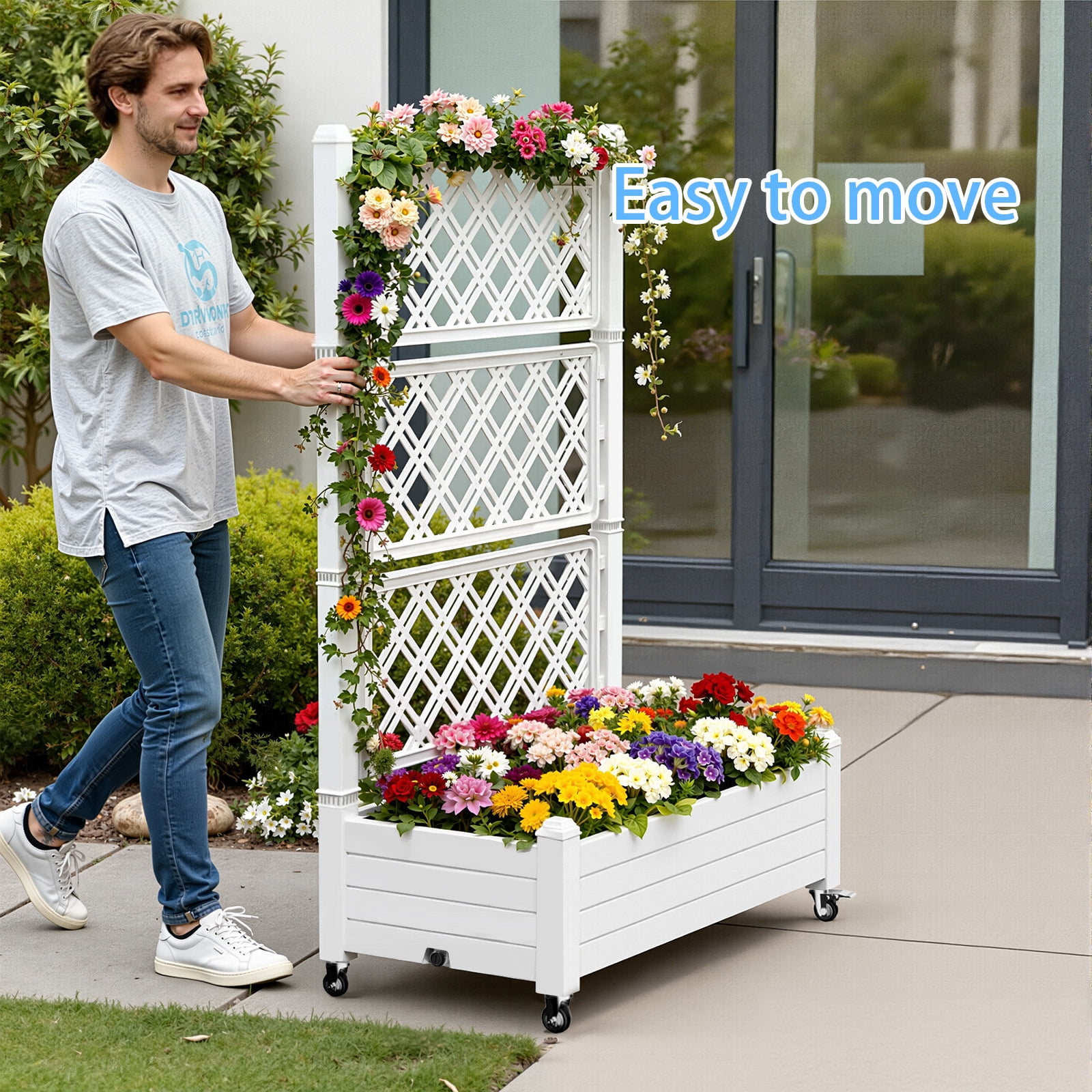 MAYEERTY Raised Garden Bed with Trellis Wheel, Freestanding Planter Box with Built-In Water Storage for Climbing Plants Vegetables Flowers Garden Yard