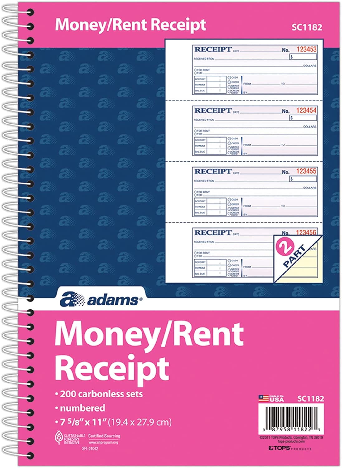 Carbonless 2-Part Spiral Money/Rent Receipt Book, 7 5/8in. x 11in., Book of 200 Sets, SC1182