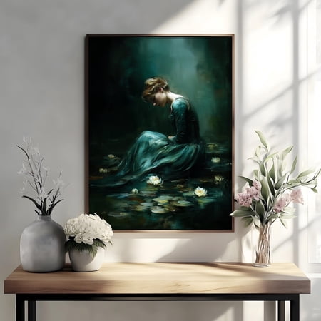 Ophelia Dark Academia Art Moody Victorian Woman In Pond V2, Unframed Paper Poster 8x10in