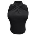 thumbnail image 4 of JGGSPWM Women's Casual Halter Crop Top Ribbed Knit Tank Top Criss Cross Fitting Tee Black L, 4 of 5