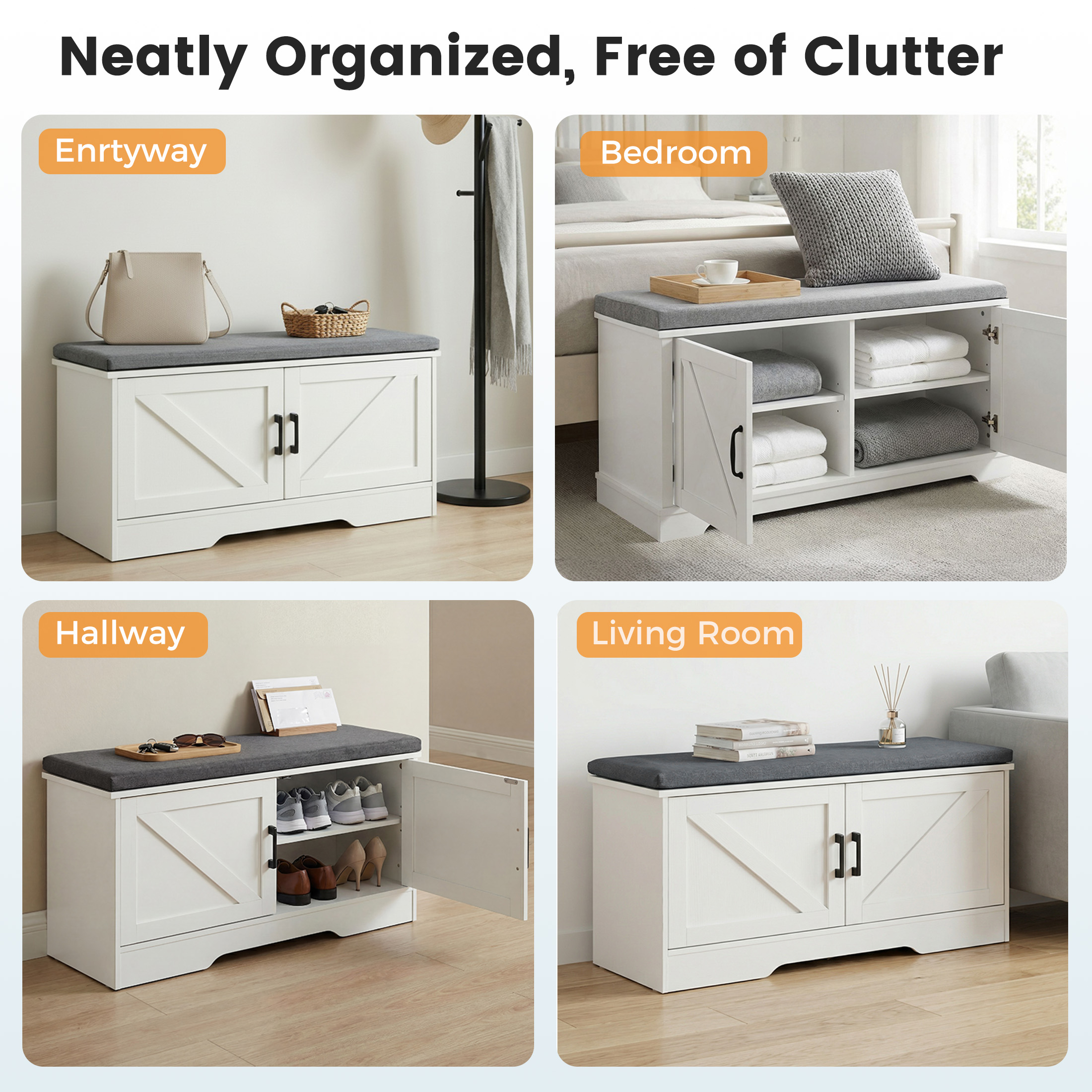 Concetta 39" Shoe Storage Bench with Cushion, White photo 8
