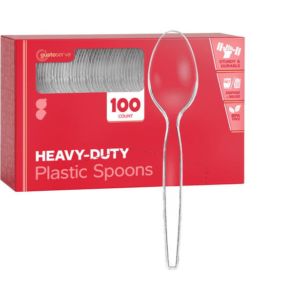 GUSTO Basic Clear Plastic Spoons Disposable Cutlery Heavy Duty, 100-Pack