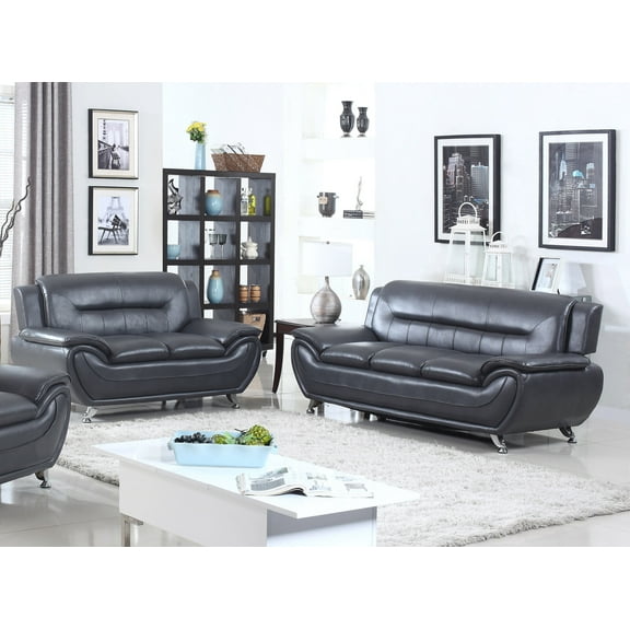 Norton 2 pc Black Faux Leather Modern Living Room Sofa and Loveseat set