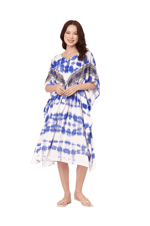 Women's Printed Viscose Kaftan Dress, Round Neck, Asymmetric Hem Midi Dress