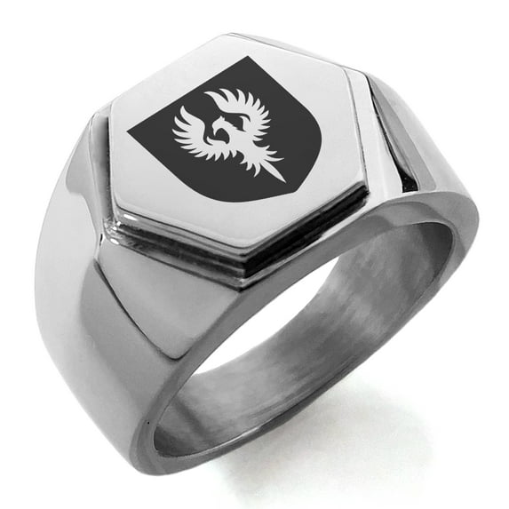 Stainless Steel Phoenix Resurrection Coat of Arms Shield Engraved Hexagon Crest Flat Top Biker Style Polished Ring