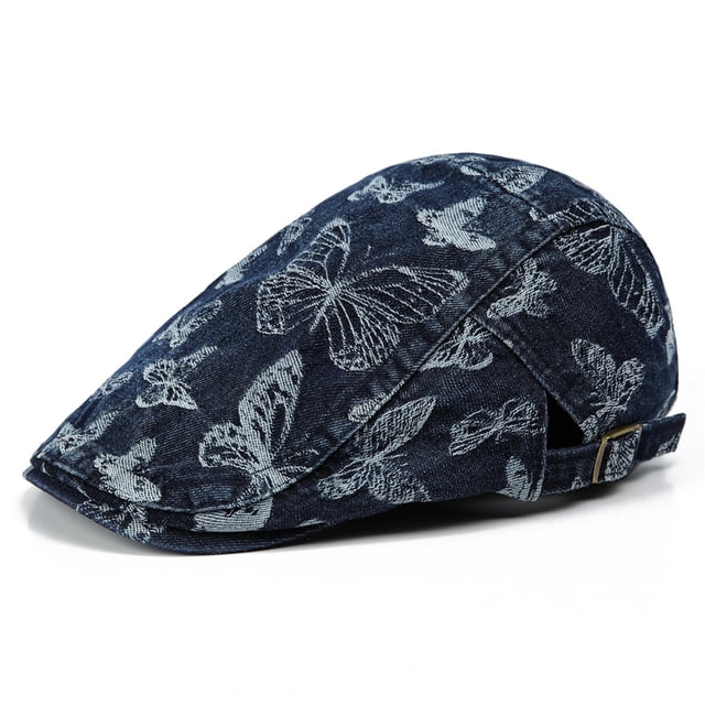 Gorra plana Gatsby Newsboy de mezclilla unisex con estampado de mariposas