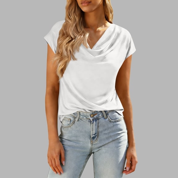 BLVB Cowl Neck Blouses for Women Dressy Casual Short Sleeve Shirts Spring Summer Ladies Tops Work Office Shirts