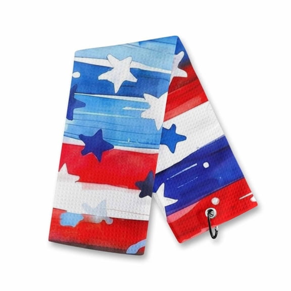 Artistic Watercolor Hand Painted American Star & Stripe Flag Golf Towel with Hanging Carabiner, Soft Quick Dry Microfiber Golf Ball Cleaning Rag, 4th of July Patriotic Gift Towel for Golfers