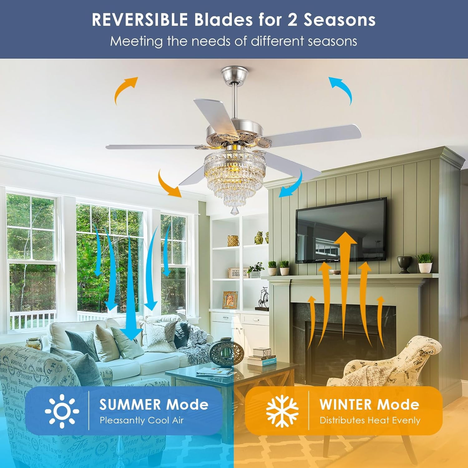 PHORUS 52'' Modern Crystal Ceiling Fan with Lights Remote Control,5 Blades Fandelier Ceiling Fan with Light,Whisper-Quiet Motor,Elegant Chandelier Fan for Living Room,Silver