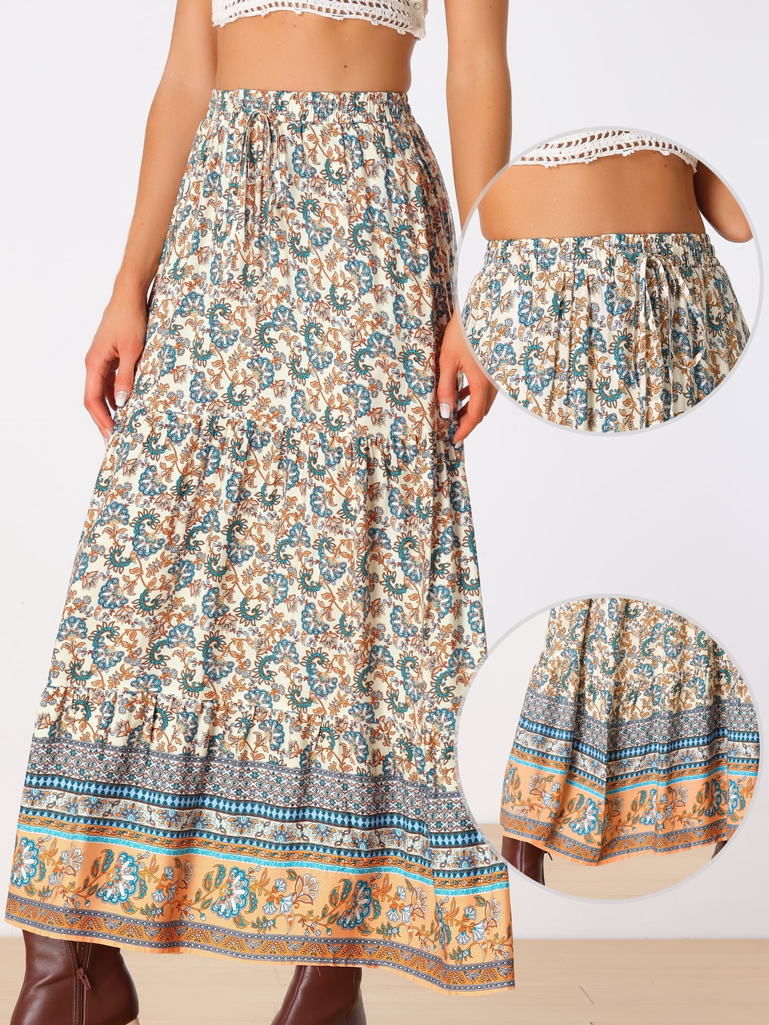 DARING DIVA Women's Boho Flare Floral Skirt XS Beige
