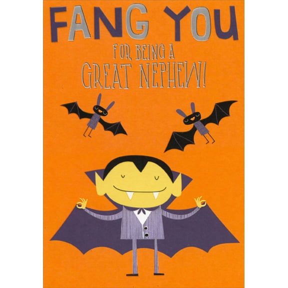 Designer Greetings Cute Vampire Boy and Two Bats Juvenile Halloween Card for Nephew