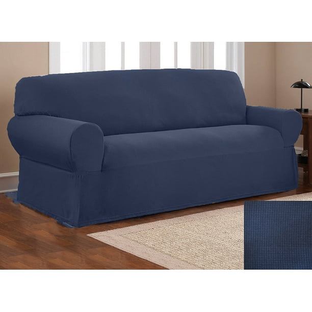 Fancy Linen Sure Fit Stretch Fabric Sofa Slipcover 1 Pc Solid Navy Blue