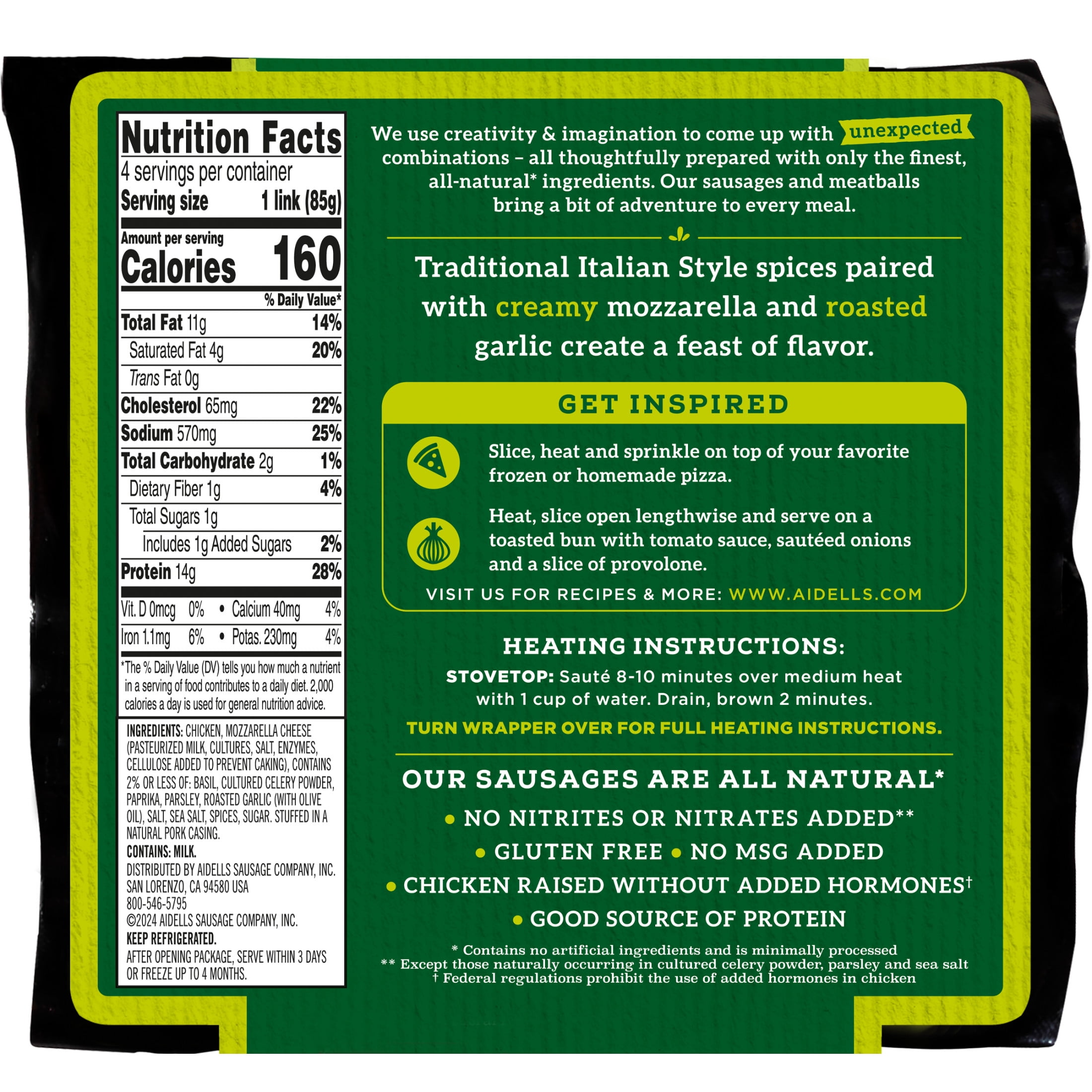Aidells Italian Style Smoked with Mozzarella Cheese Chicken Sausage Links, 12 oz, 4 Count