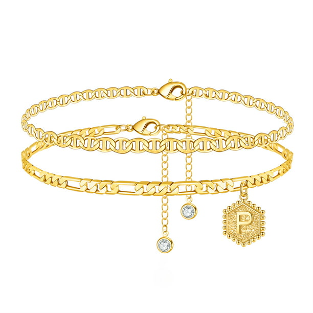 TINGN Ankle Bracelets for Women 14K Gold Plated Layered Figaro