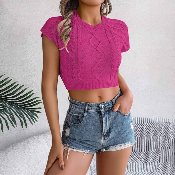 mfyjkho Tops Para Hacer Ejercicio Para Mujer, Suéter Corto De Moda Con Cuello Redondo Y Manga Corta Con Inserción En Los Hombros De Color Liso Para Mujer Tops Para Hacer Ejercicio M