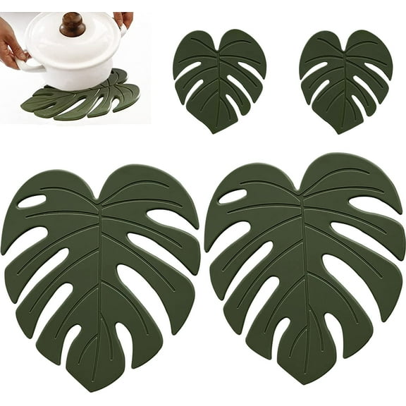 4-Pack Silicone Trivets - Multi-Purpose Kitchen Hot Pot Holders & Countertop Non-Slip Trivet Mats With Leaf Decor
