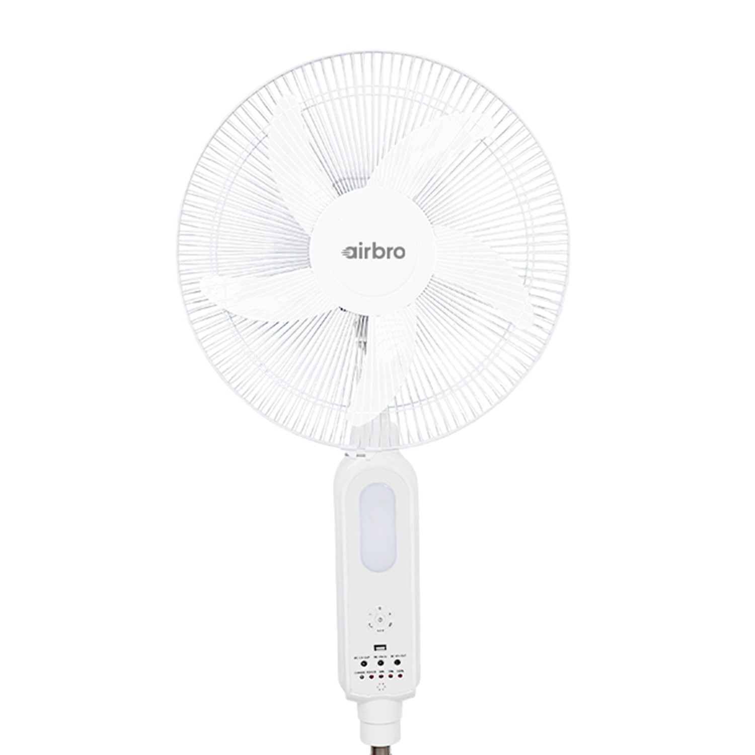 airbro 16-In. Portable Rechargeable 70° Oscillating Stand Fan with Power Bank, 3 Speed, 1,200 CFM, 5 Blades, LED, Max 20 Hours Run Time, Solar, Remote