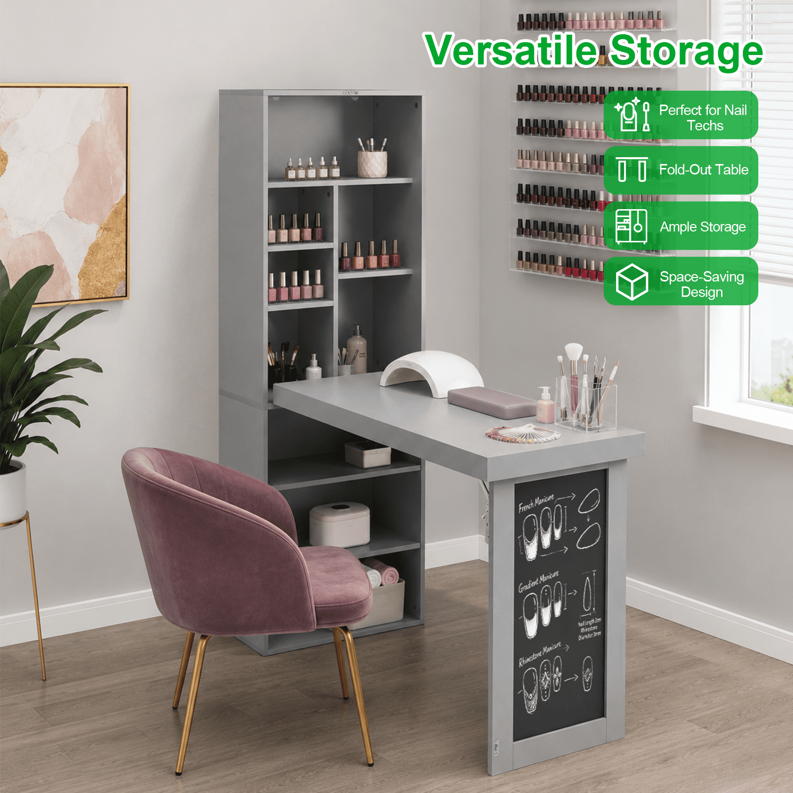 Folding Desk with Storage, Foldable Convertible Writing table with Blackboard and Shelves, Fold-Out Cabinet Table for Small Spaces/Home Office/Craft Room (Grey)