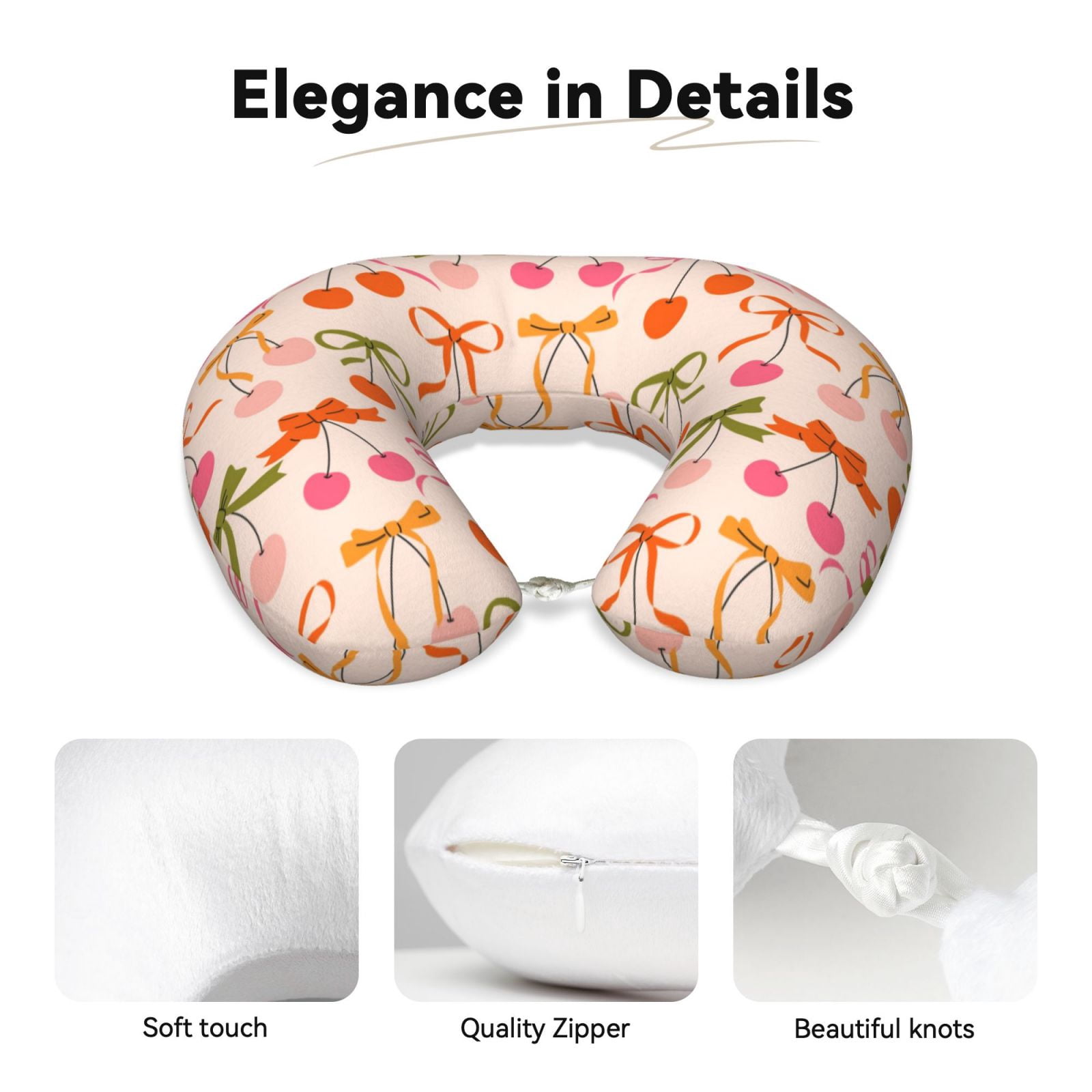 Xecao Cherries And Bows Print Memory Foam Cervical Neck Pillow Versatile U-Shaped Pillows for Home,Office,Camping,Travelling,Soft Washable Cover