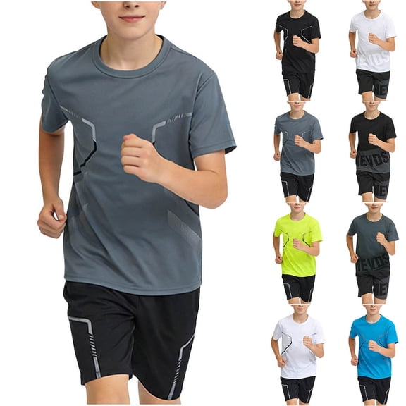 HAOTAGS Teen Boys Mesh Active Set (12-16), Short-Sleeve Tee Elastic-Waist Shorts Quick-Dry Breathable Sportswear Gray 12-13 Years