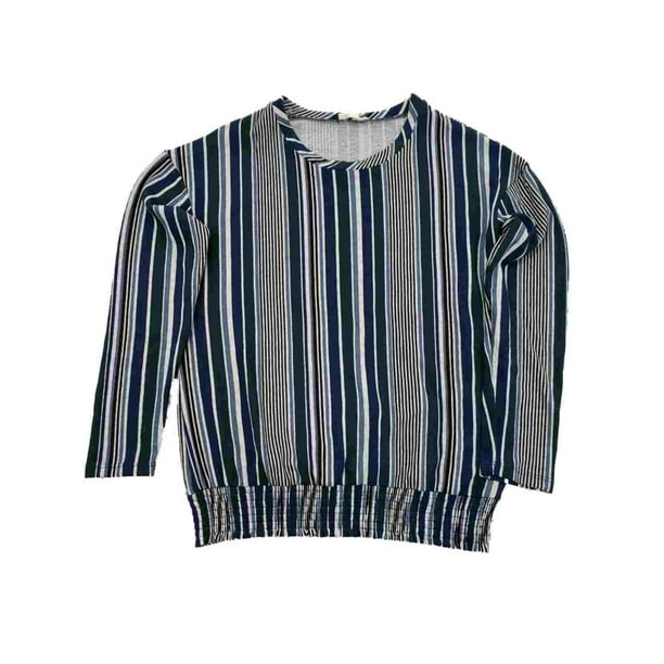 Como Blu - Womens Green and Navy Blue Striped Elastic Hem Long Sleeve Shirt T-Shirt Top