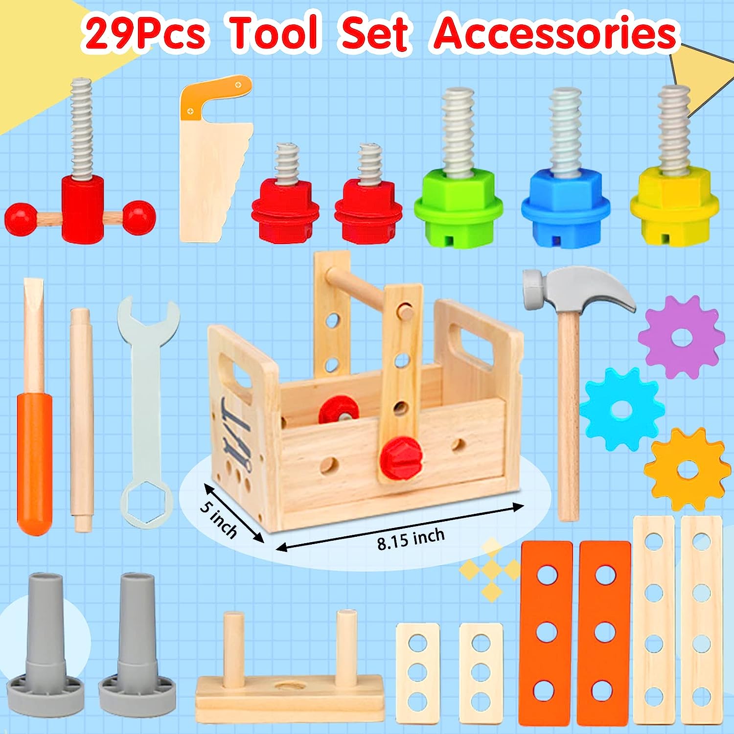 WQFSTORE Kids Wooden Tool Set - 29 Pieces with Workbench photo 6