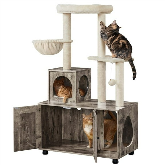 PetFurnishn 53'' Greige/Beige All-in-one Cat Tree Tower - with Litter Box Enclosure, Condo, Scratcher & Perch, Multi-functional Cat Furniture