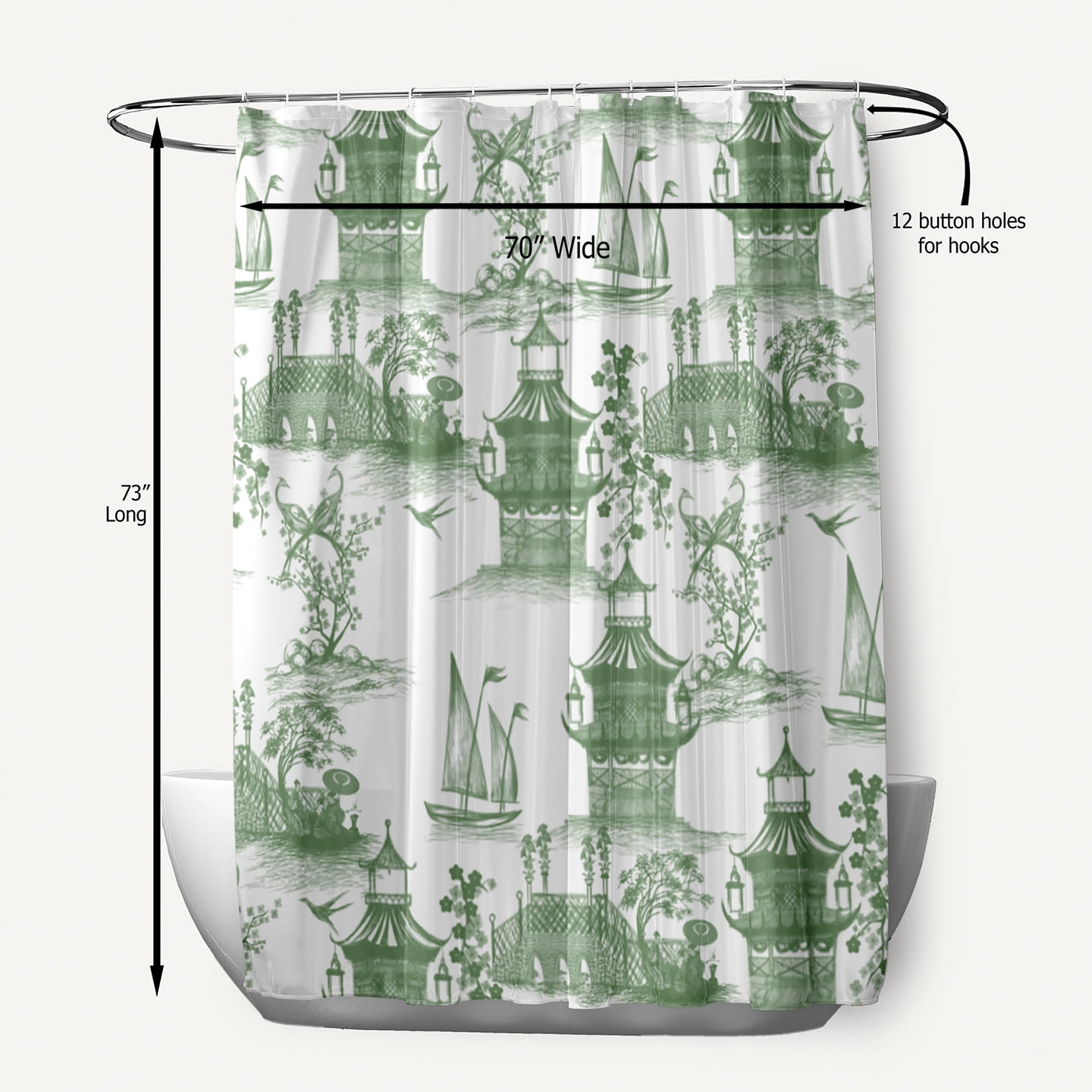 Simply Daisy 70" W x 73" L China Old Polyester Shower Curtain, Green [1 Ct]