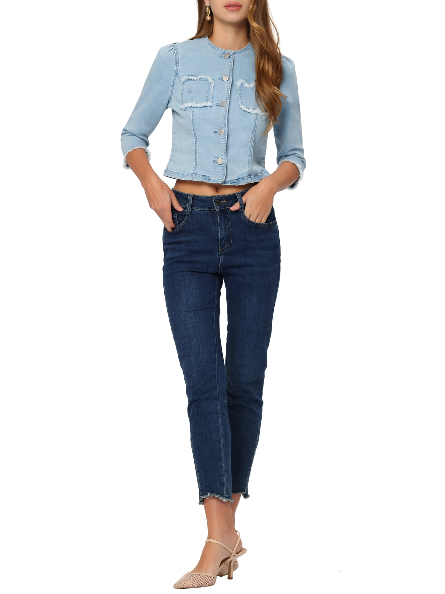 Unique Bargains Women's Denim Crop Round Neck Button Down Frayed Jean Fashion Jacket S Light Blue