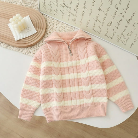 UQJfacai Girls Cable Knit Sweater Quarter Zip Pullover Long Sleeve Tops Fall Winter Striped Color Block Kids Sweatshirts 1-8 Years