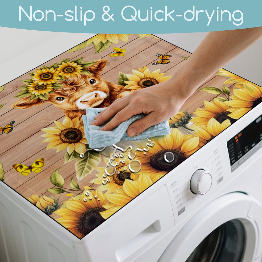 Highland Cattle Washer Dryer Dust Cover 23.6×19.7inch Sunflowers Cute Calf Washing Machine Top Protector Pads Non Slip Washing Machine Top Covers DIY